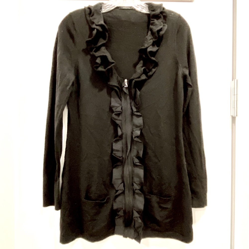 Elie Tahari black knit zip top w silk frill